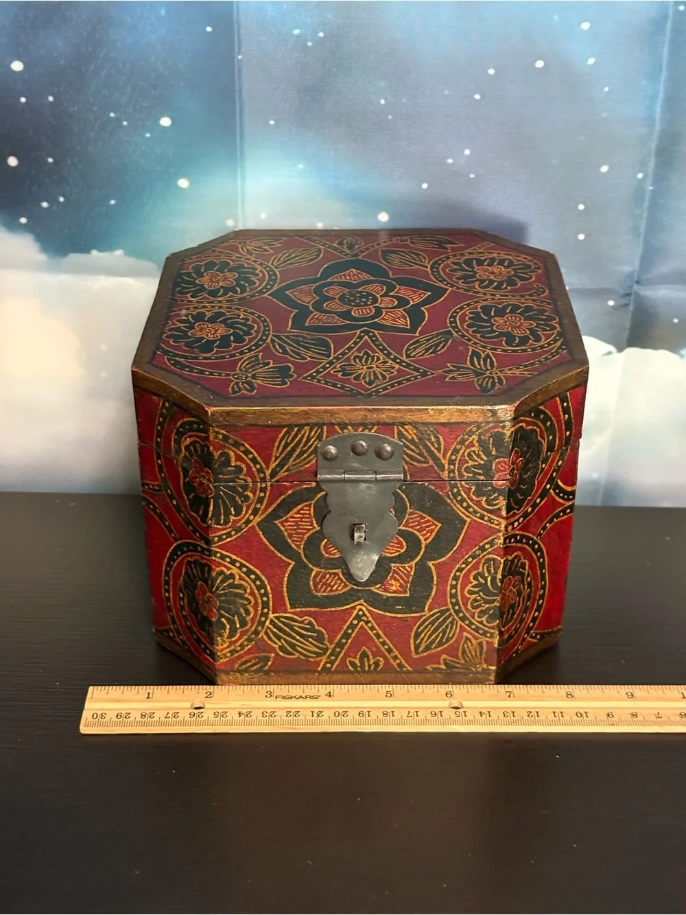 Pier One Decorative Box Floral red, black,gold wooden storage keepsake. PO